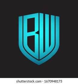 BW Logo monogram with emblem shield design isolated with blue colors on black background