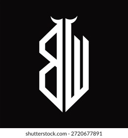 BW Logo monograma con forma de cuerno aislado Plantilla de diseño en blanco y negro sobre fondo negro