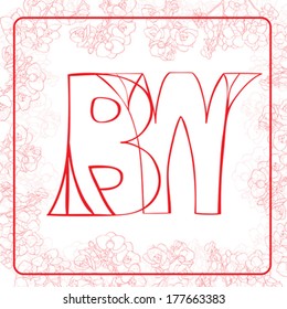 BW monogram in an orchids frame, red letters illustration on white
