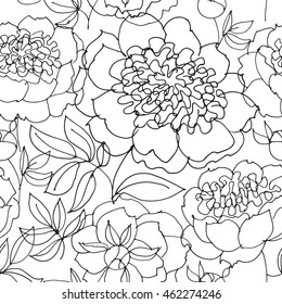 b/w peony floral sketch. spring flower vector illustration. black and white hand drawn seamless pattern. flowing motif on white background