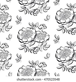 b/w peony floral sketch. spring flower vector illustration. black and white hand drawn seamless pattern. flowing motif on white background