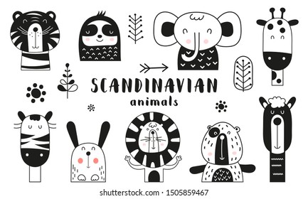 Bw scandinavian animals set. Hand drawn. Doodle cartoon animals for nursery posters, cards, kids t-shirts. Vector illustration. Tiger, lazy sloth, elephant, giraffe, zebra, hare, lion, bear, llama.