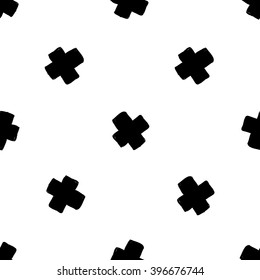 b&w seamless pattern with cross. Hand drawn graphic with black cute minimalistic scandinavian cartoon elements on white background