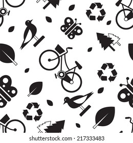 B&W Seamless Pattern: Eco Pattern with Bicycle, Bird, Leaves and Butterfly / 2 colors, easy to edit