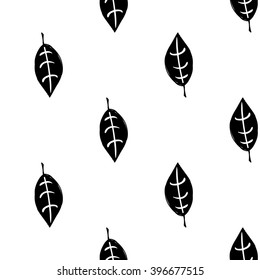 b&w seamless pattern with plant leaf. Hand drawn graphic with black cute minimalistic scandinavian cartoon elements on white background