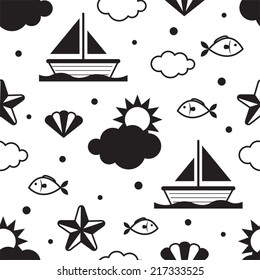 B&W Seamless Pattern: Summer, Fish and Ship / 2 colors, easy to edit