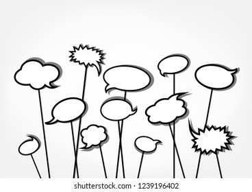 bw speech bubbles on the light gray background, horizontal vector illustration