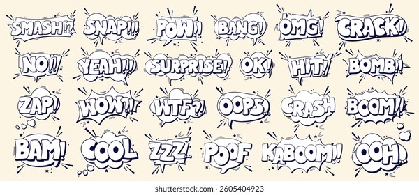 BW Speech bubbles Smash Snap Pow Bang Omg Crack No Yeah Surprise Ok Hit Bomb Zap Wow Wtf Oops Crash Boom Bam Cool Zzz Poof Kaboom Oh.