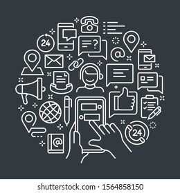B/W vector background. Outline illustration related to contact us. Vector line art such as telephone, email, chat, location and other related objects are included in this vector graphic elements.