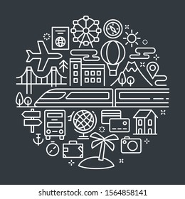 B/W vector background. Vector outline illustrations related to travel & tourism. Vector line arts such as mode of transport, accommodation & travel documents are included in this graphic elements.