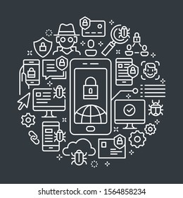 B/W vector background. Vector outline illustrations related to internet & cyber security. Vector line arts such as protection of mobile, computer & device system are included in this graphic elements.