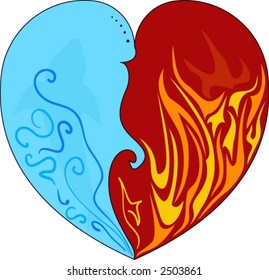 b&w vector heart -water and fire ..and a shark in quiet water