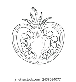 BW vector illustration of food. Sliced tomato. Realistic vector drawn illustration. Ingredients for cooking healthy food. Delicious vegetarian food. Growing vegetables	
