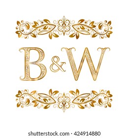 B&W vintage initials logo symbol. Letters B, W, ampersand surrounded floral ornament. Wedding or business partners initials monogram in royal style.