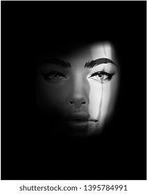 b/w woman face in shadow illustration, girl face in shade art concept.