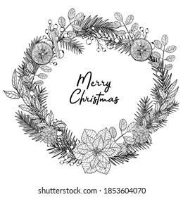 Bw wreath for Christmas and New Year.A tree twig, needles, pine, berry, holly, cotoneaster, spurge, flower, cinnamon, orange, pine cone. Merry christmas lettering. Isolated vector illustrations
