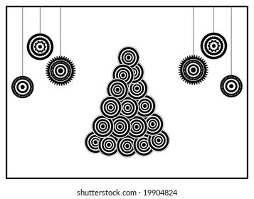 BW xmas card: conceptual xmas tree and xmas balls