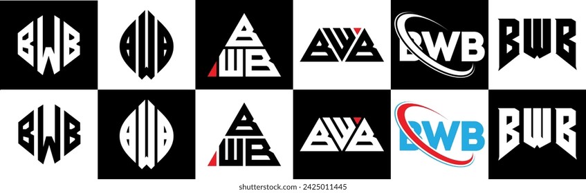 BWB letter logo design in six style. BWB polygon, circle, triangle, hexagon, flat and simple style with black and white color variation letter logo set in one artboard. BWB minimalist and classic logo