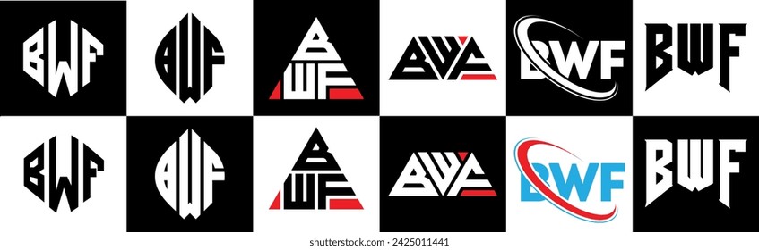 BWF-Buchstaben-Logo-Design in sechs Stilen. BWF-Polygon, Kreis, Dreieck, Sechseck, flacher und einfacher Stil mit schwarz-weißem Farbvariationsbuchstaben-Logo in einer Zeichenfläche gesetzt. BWF minimalistisches und klassisches Logo