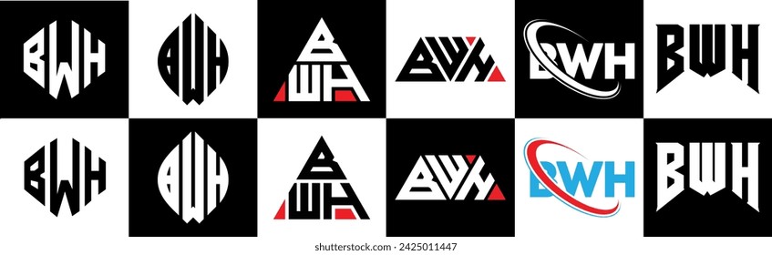 BWH letter logo design in six style. BWH polygon, circle, triangle, hexagon, flat and simple style with black and white color variation letter logo set in one artboard. BWH minimalist and classic logo