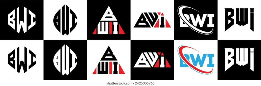 BWI letter logo design in six style. BWI polygon, circle, triangle, hexagon, flat and simple style with black and white color variation letter logo set in one artboard. BWI minimalist and classic logo