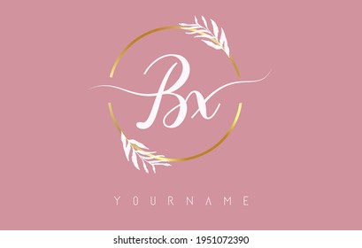 BX b x Letters logo design with golden circle and white leaves on branches around. Vector Illustration with B and x letters for personal branding, business, eco friendly or natural products. 
