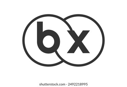 BX business company emblem with outline rounds and letters b x. Logo template of two merged circles for brand identity, logotype. Vector Infinity symbol  and technology sign.