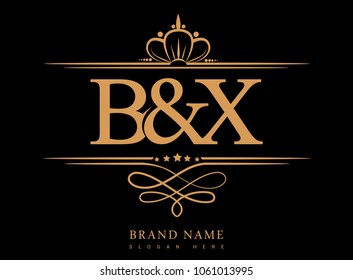 B&X Initial logo, Ampersand initial logo gold with crown and classic pattern