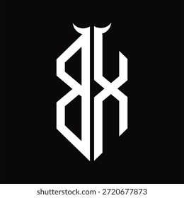 BX Logo monograma con forma de cuerno aislado Plantilla de diseño en blanco y negro sobre fondo negro