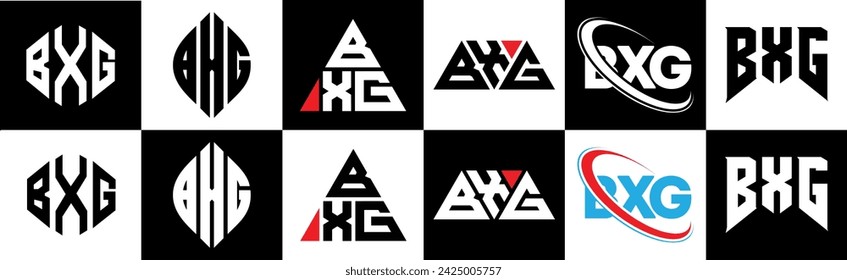 BXG Letter Logo Design in sechs Stil. BXG Polygon, Kreis, Dreieck, Sechseck, flacher und einfacher Stil mit schwarz-weißem Farbvariationsbuchstaben-Logo in einem Zeichenbrett gesetzt. BXG minimalistisches und klassisches Logo