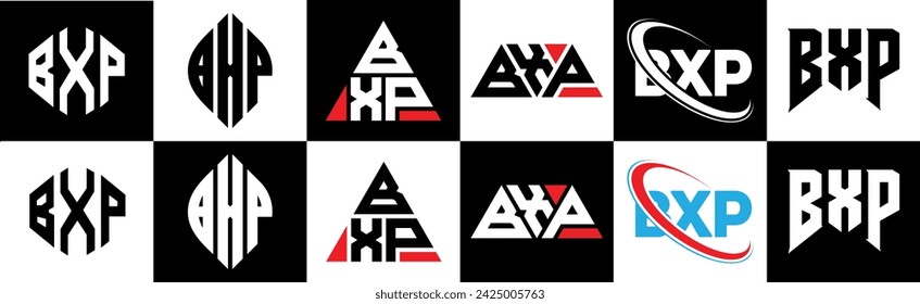 BXP letter logo design in six style. BXP polygon, circle, triangle, hexagon, flat and simple style with black and white color variation letter logo set in one artboard. BXP minimalist and classic logo