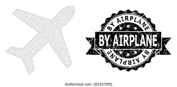 By Airplane rubber stamp seal and vector airplane mesh model. Black stamp seal has By Airplane title inside ribbon and rosette. Abstract flat mesh airplane, created from triangles.