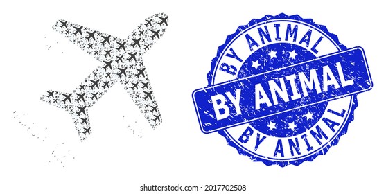 By Animal rubber round stamp and vector recursion mosaic flying air liner. Blue stamp seal contains By Animal caption inside round shape. Vector mosaic is formed with scattered flying air liner items.