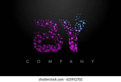 BY B Y Letter Logo with Purple Blue Particles and Bubble Dots Design Vector.