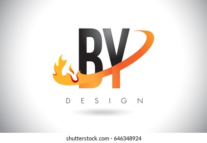 BY B Y Letter Logo Design with Fire Flames and Orange Swoosh Vector Illustration.