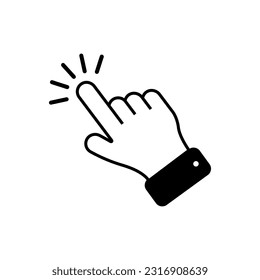 By clicking the finger icon, the hand points to the vector. Pointer click. Cursor arrow icon. Clicking a computer mouse.