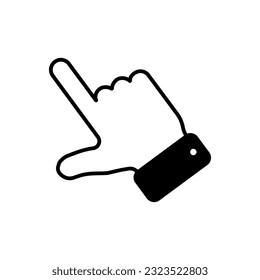 By clicking the finger icon, the hand points to the vector. Pointer click. Cursor arrow icon. Clicking a computer mouse.