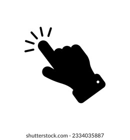 By clicking the finger icon, the hand points to the vector. Pointer click. Cursor arrow icon. Clicking a computer mouse.