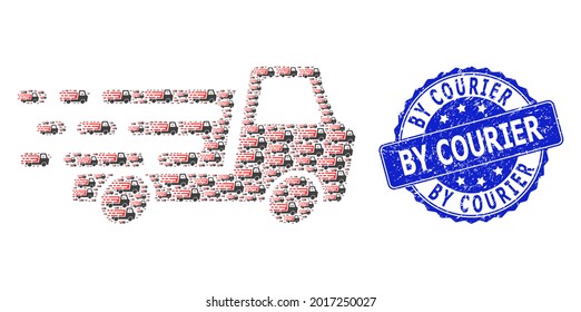 By Courier grunge round stamp seal and vector fractal mosaic delivery car chassi. Blue stamp seal contains By Courier caption inside round shape.