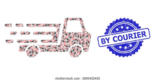 Mit Courier kratzte Stempel und Vektorrekursiv mosaic Lieferung Auto chassi. Die blaue Stempelmarke hat die Beschriftung von By Courier im Rosette.