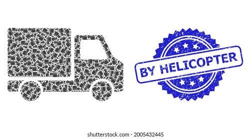 By Helicopter dirty seal imitation and vector recursive mosaic delivery car. Blue seal contains By Helicopter text inside rosette. Vector mosaic is created from recursive rotated delivery car items.