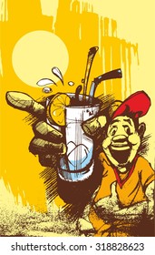 by holding a drink