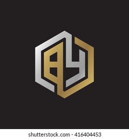 BY initial letters loop linked hexagon elegant logo golden silver black background