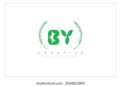 BY letters eco logo with leaf. Fresh nature and healthy leaf logo design.