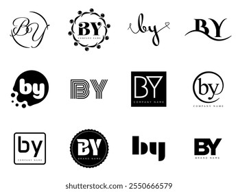 BY logo company template. Letter b and y logotype. Set different classic serif lettering and modern bold text with design elements. Initial font typography. Collection trendy business identity.