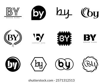 BY logo company template. Letter b and y logotype. Set different classic serif lettering and modern bold text with design elements. Initial font typography. Collection trendy business identity.