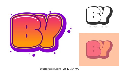 BY logo design for festival or party. Initial letter b and y in graffiti style. Creative modern lettering company name of font typography. Kids trendy logotype or identity. Vector illustration.