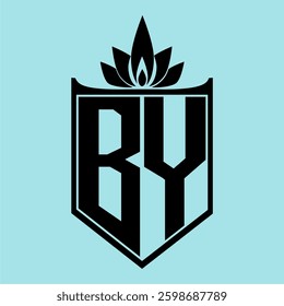 BY Logo featuring a minimalist design with a crown-like flower symbol on top, bold black elements, and a soft blue background, perfect for branding and modern visual identity.
