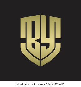 BY Logo monogram with emblem shield shape design isolated gold colors on black background
