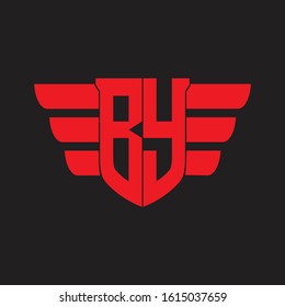 BY Logo monogram with emblem and wings element design template on red colors